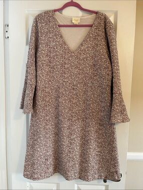 Maeve Mauve and Cream V-Neck Textured Knit Long-Sleeve Dress